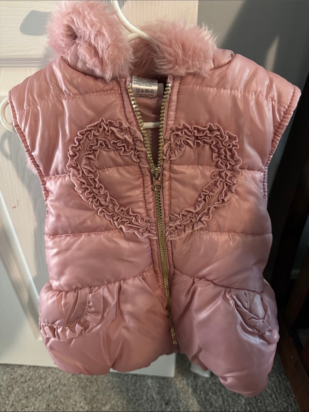 Pink Ruffle Heart Puffer Vest with Faux Fur Collar